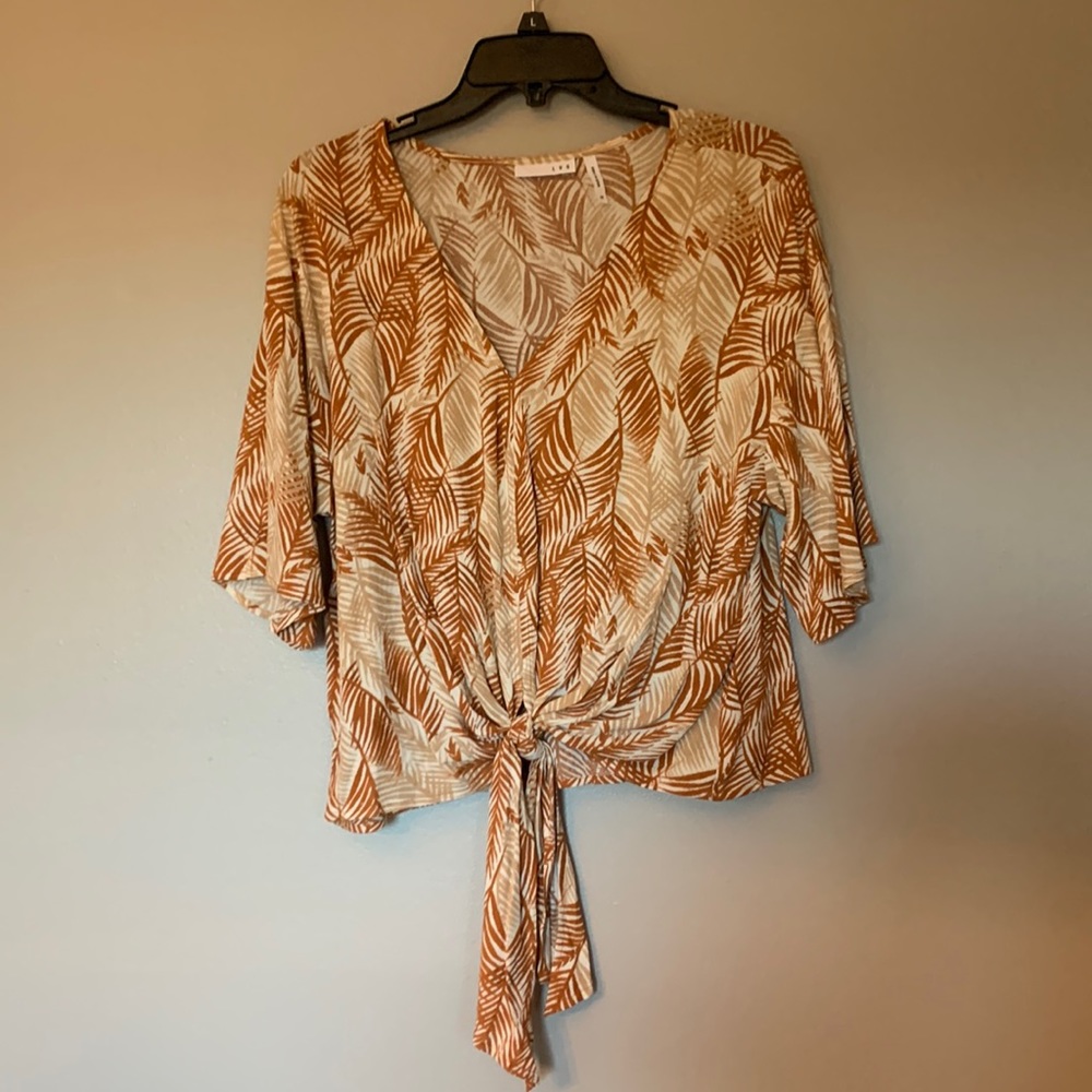 Leaf print Rayon short waisted , front tie blouse
